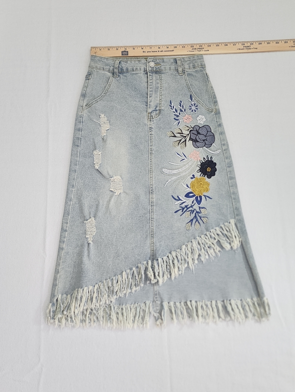 Boho Fringe Embroidered Denim Midi Skirt Western Festival Size S - Picture 8 of 12